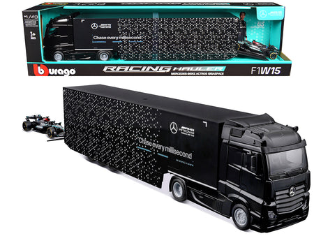 Mercedes-Benz Actros Gigaspace Car Transporter Black and Mercedes-AMG F1 W15 E Performance #63 George Russell "Petronas" Formula One F1 World Championship (2024) "Racing Hauler" Series 1/43 Diecast Model Car by Bburago