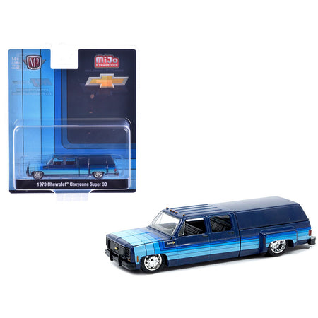 1973 Chevrolet Cheyenne Super 30 Pickup Truck with Camper Shell Blue with Stripes Limited Edition to 8500 pieces Worldwide 1/64 Diecast Model Car by M2 Machines