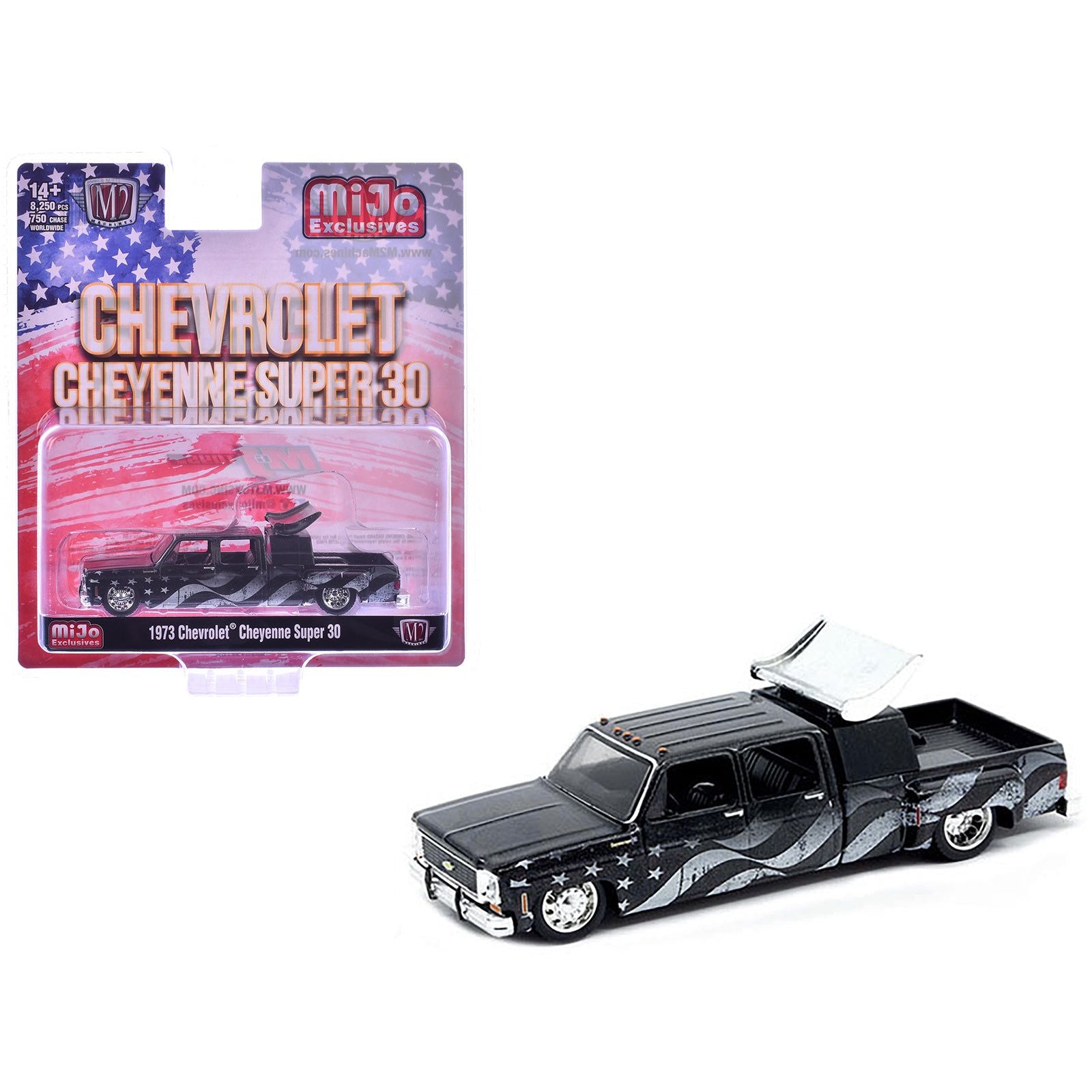 1973 Chevrolet Cheyenne Super 30 Pickup Truck Black with American Flag Graphics Limited Edition to 8250 pieces Worldwide 1/64 Diecast Model Car by M2 Machines