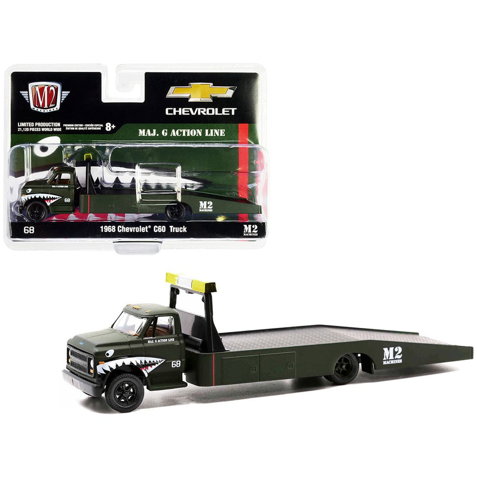 1968 Chevrolet C60 Flatbed Truck #68 Matt Dark Green with Graphics "Maj. G Action Line" Limited Edition to 21120 pieces Worldwide 1/64 Diecast Model by M2 Machines