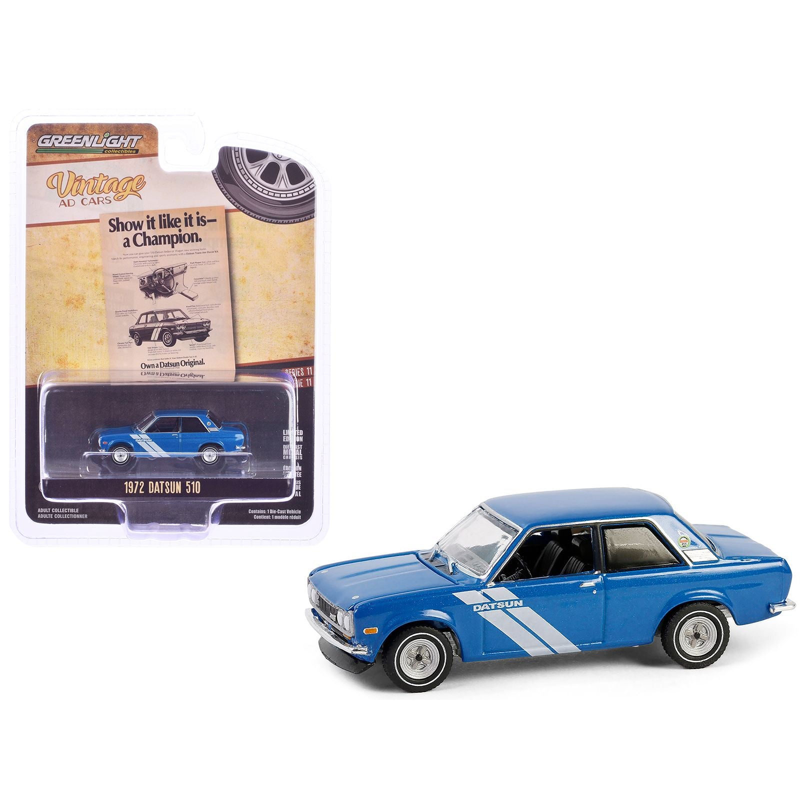 1972 Datsun 510 Blue Metallic with White Stripes "Show it Like it is - a Champion" "Vintage Ad Cars" Series 11 1/64 Diecast Model Car by Greenlight
