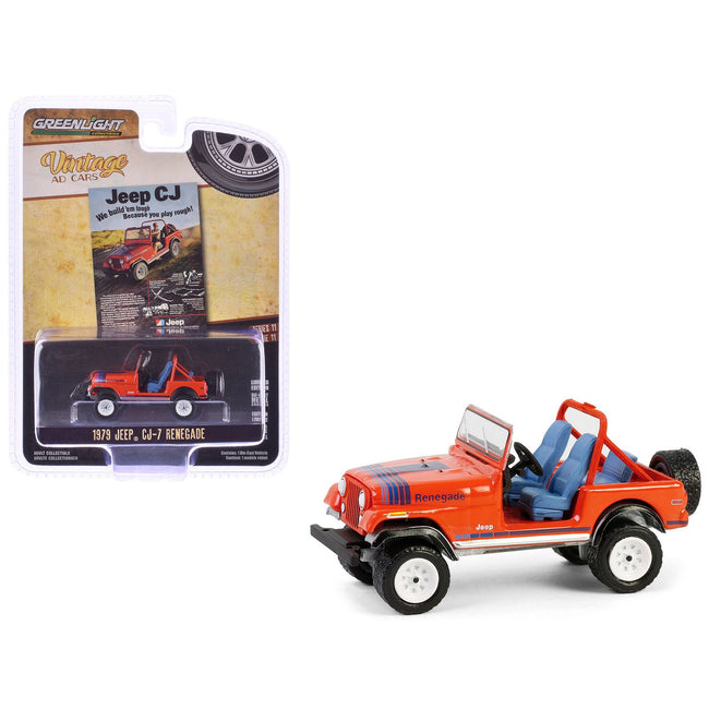 1979 Jeep CJ-7 Renegade Red with Blue Stripes "We Build 'em Tough Because you Play Rough" "Vintage Ad Cars" Series 11 1/64 Diecast Model Car by Greenlight