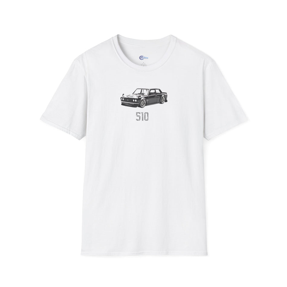 Vintage Sketch Art 1973 Black Datsun 510 T-Shirt, JDM Retro Car Tee, Classic with model designation