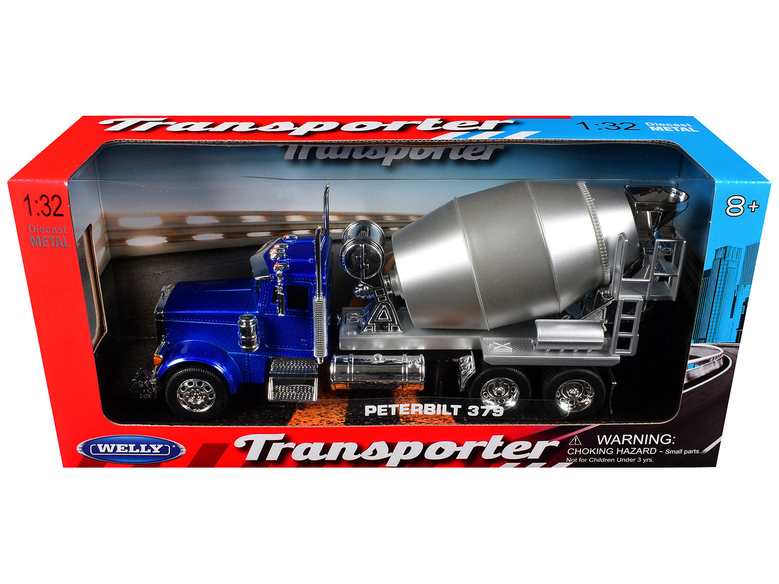 Peterbilt 379 Cement Mixer Blue Metallic with Chrome and Silver Mixer "Transporter" Series 1/32 Diecast Model by Welly