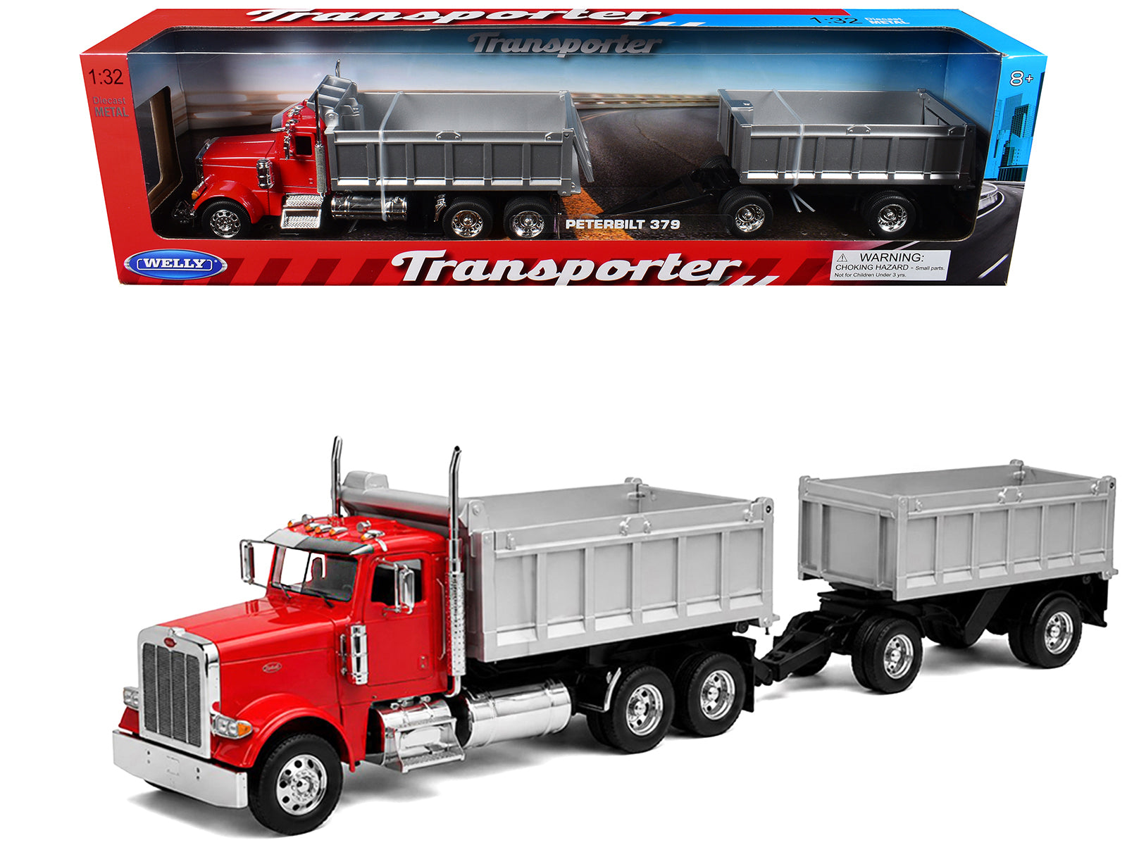 Peterbilt 379 Dump Truck Red with Gray Double Dump Trailer "Transporter" Series 1/32 Diecast Model by Welly