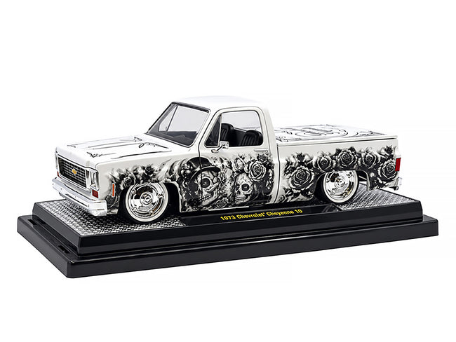 1973 Chevrolet Cheyenne 10 Pickup Truck "Dia de los Muertos" White with Graphics Limited Edition to 2500 pieces Worldwide 1/24 Diecast Model Car by M2 Machines
