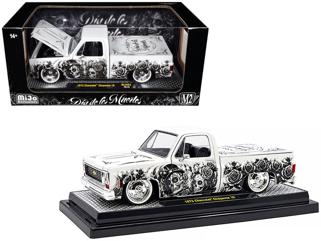 1973 Chevrolet Cheyenne 10 Pickup Truck "Dia de los Muertos" White with Graphics Limited Edition to 2500 pieces Worldwide 1/24 Diecast Model Car by M2 Machines
