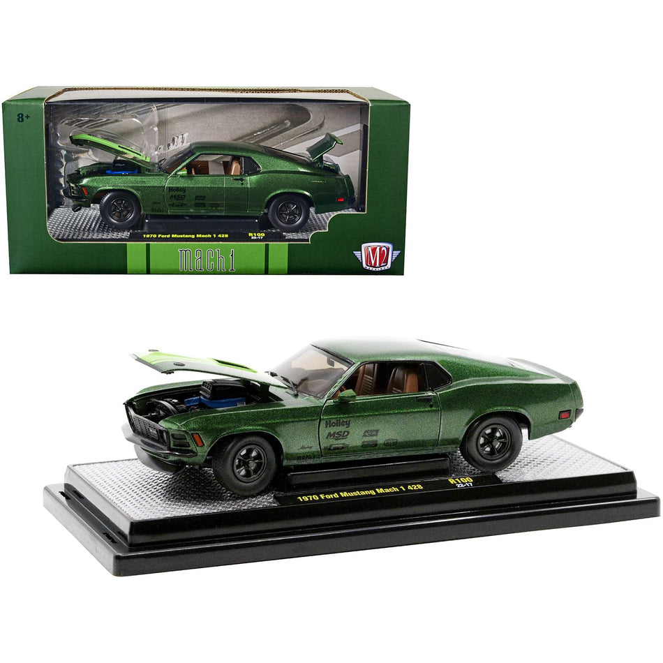 1970 Ford Mustang Mach 1 428 Green Metallic with Light Green Hood Limited Edition to 6550 pieces Worldwide 1/24 Diecast Model Cars by M2 Machines