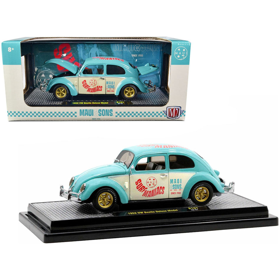 1952 Volkswagen Beetle Deluxe Model Light Blue and Wimbledon White “Maui & Sons” Limited Edition to 3850 pieces Worldwide 1/24 Diecast Model Car by M2 Machines