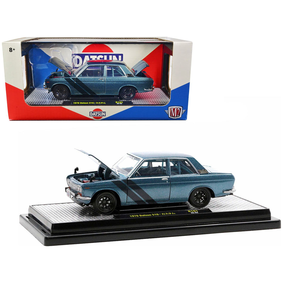 1970 Datsun 510 Blue Metallic with Dark Blue Stripes Limited Edition to 3850 pieces Worldwide 1/24 Diecast Model Car by M2 Machines