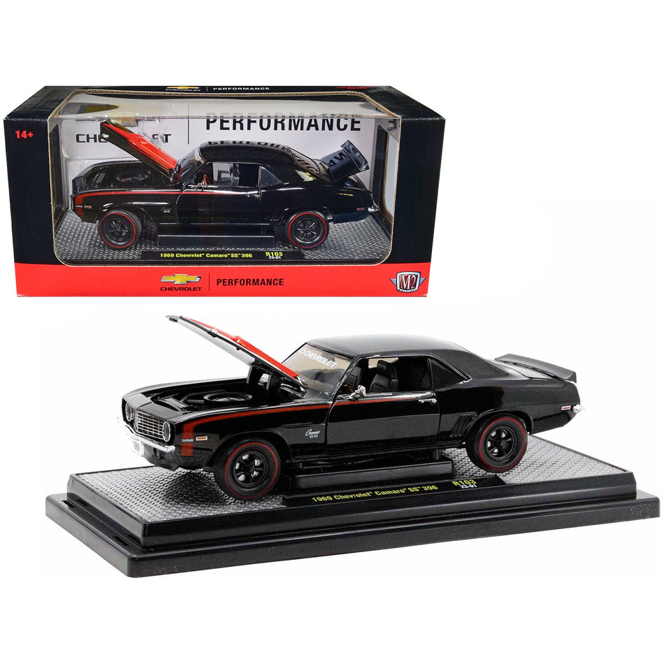 1969 Chevrolet Camaro SS 396 Black with Bright Red Stripes Limited Edition to 6550 pieces Worldwide 1/24 Diecast Model Car by M2 Machines