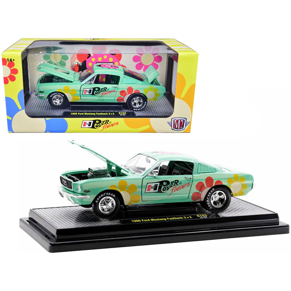 1966 Ford Mustang Fastback 2+2 Seafoam Green and Light Green Striped with Flower Graphics "Hurst Power Flowers" Limited Edition to 6550 pieces Worldwide 1/24 Diecast Model Car by M2 Machines