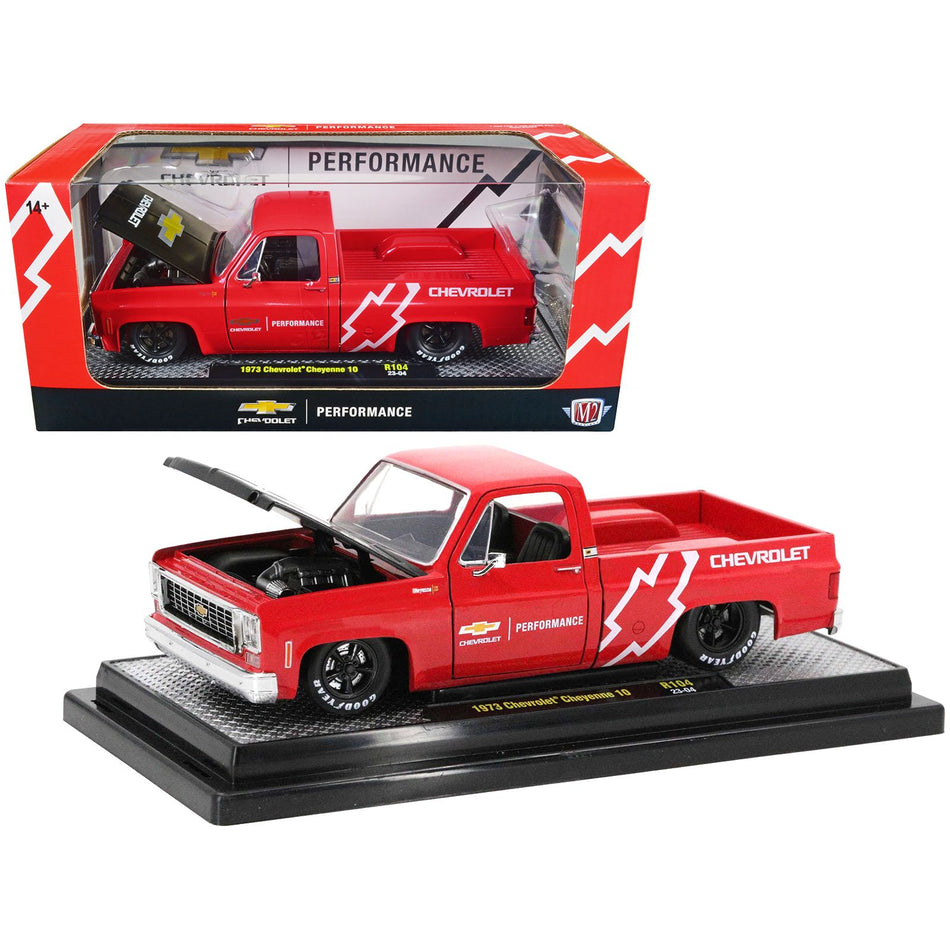 1973 Chevrolet Cheyenne 10 Pickup Truck Bright Red with Black Hood "Chevrolet Performance" Limited Edition to 7250 pieces Worldwide 1/24 Diecast Model Car by M2 Machines