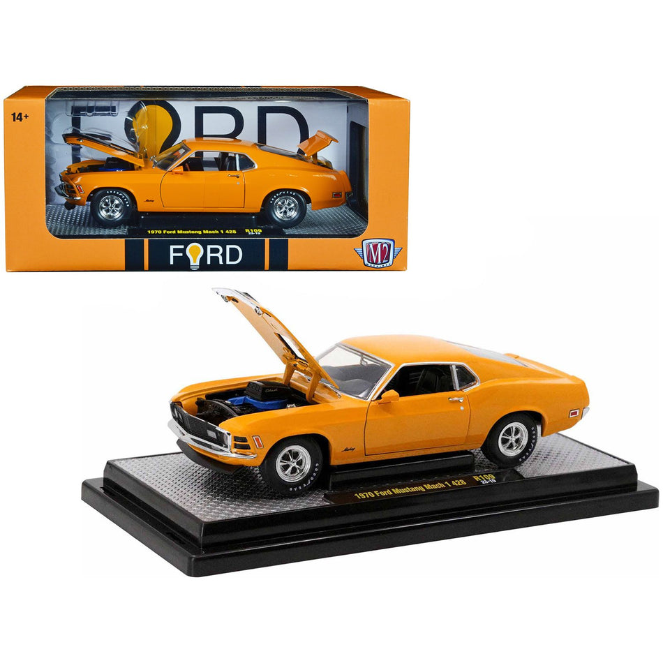 1970 Ford Mustang Mach 1 428 Grabber Orange with Black Stripes Limited Edition to 5250 pieces Worldwide 1/24 Diecast Model Car by M2 Machines