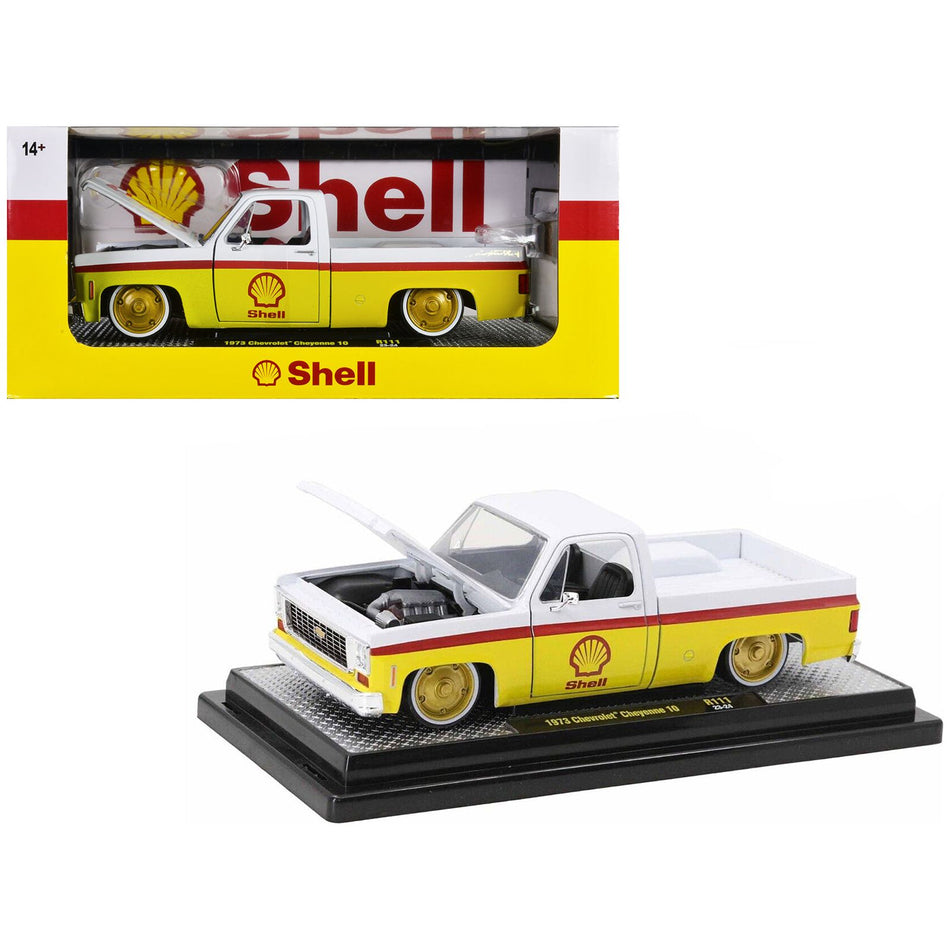 1973 Chevrolet Cheyenne 10 Pickup Truck White and Yellow with Red Stripes "Shell Oil" Limited Edition to 7050 pieces Worldwide 1/24 Diecast Model Car by M2 Machines