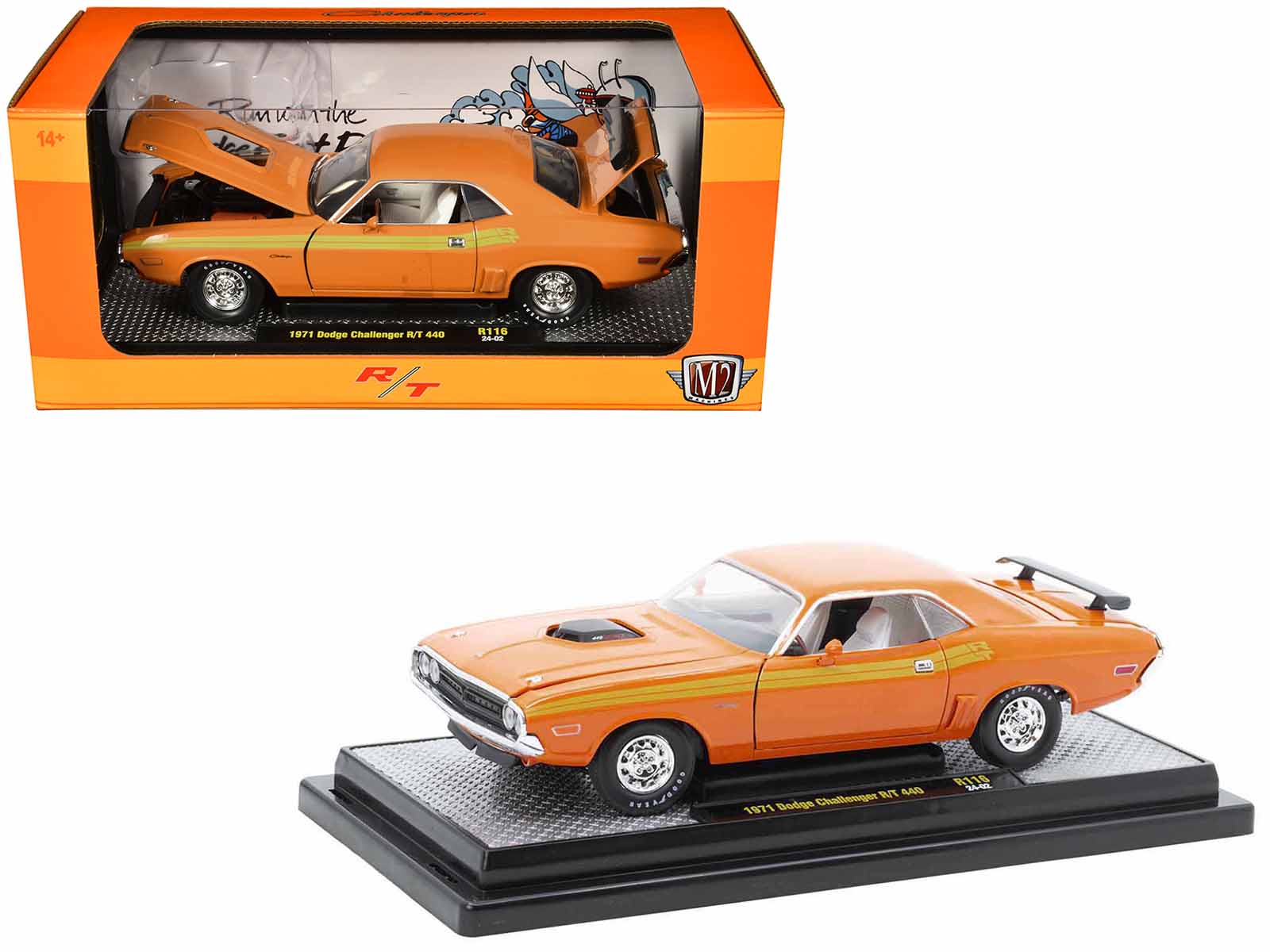 1971 Dodge Challenger R/T 440 Orange with Yellow Stripes and White Interior Limited Edition to 5250 pieces Worldwide 1/24 Diecast Model Car by M2 Machines