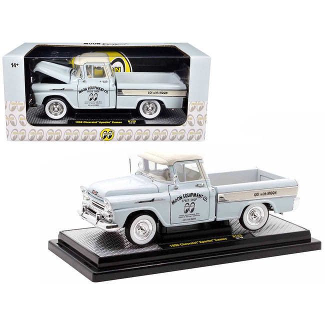 1958 Chevrolet Apache Cameo Pickup Truck "Mooneyes" Light Gray with White Top Limited Edition to 6650 pieces Worldwide 1/24 Diecast Model Car by M2 Machines