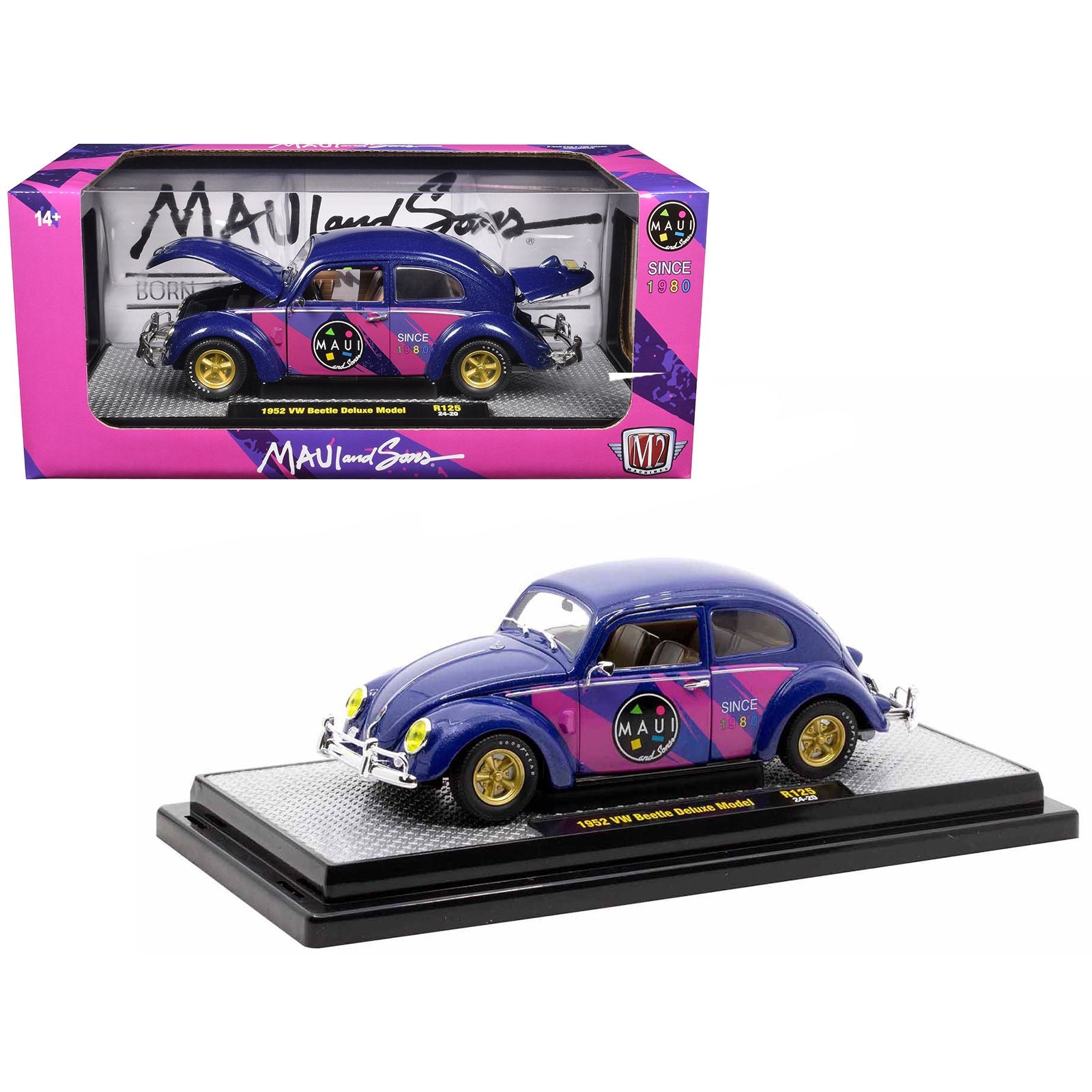 1952 Volkswagen Beetle Deluxe Model "Maui & Sons" Purple Metallic with Graphics Limited Edition to 6650 pieces Worldwide 1/24 Diecast Model Car by M2 Machines