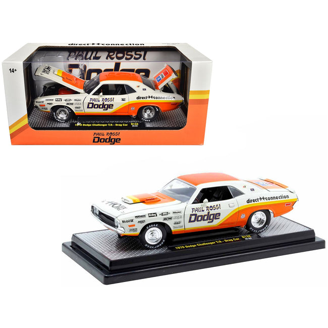 1970 Dodge Challenger T/A Drag Car "Paul Rossi" White and Orange with Graphics Limited Edition to 6650 pieces Worldwide 1/24 Diecast Model Car by M2 Machines