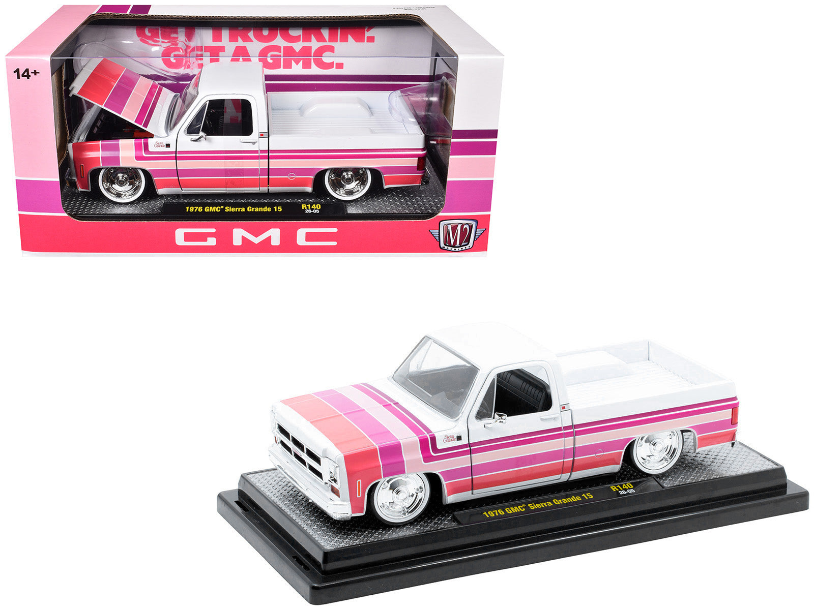 1976 GMC Sierra Grande 15 Pickup Truck White with Stripes Limited Edition to 9250 pieces Worldwide 1/24 Diecast Model Car by M2 Machines