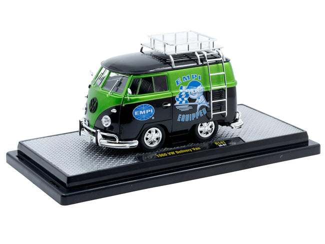 1960 Volkswagen Delivery Van "EMPI Equipped" Black and Green Metallic with Roof Rack and Ladder Limited Edition to 4050 pieces Worldwide 1/24 Diecast Model Car by M2 Machines