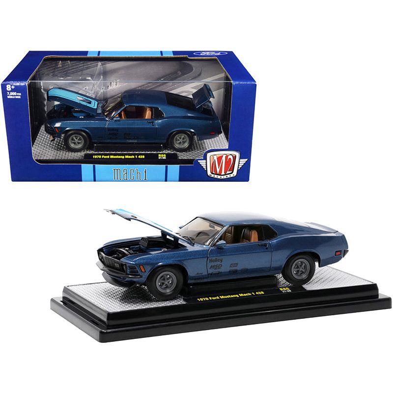 1970 Ford Mustang Mach 1 428 Dark Blue Metallic with Bright Blue Stripes Limited Edition to 7000 pieces Worldwide 1/24 Diecast Model Car by M2 Machines