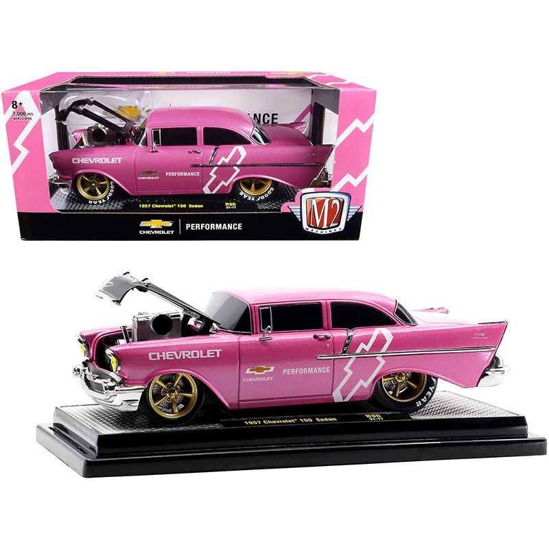 1957 Chevrolet 150 Sedan Medium Pink Pearl with Black Hood and Graphics Limited Edition to 7000 pieces Worldwide 1/24 Diecast Model Car by M2 Machines