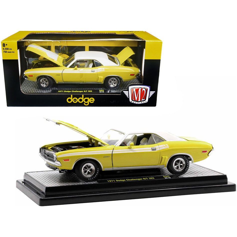 1971 Dodge Challenger R/T 383 Banana Yellow with White Stripes and Vinyl White Top Limited Edition to 6550 pieces Worldwide 1/24 Diecast Model Car by M2 Machines