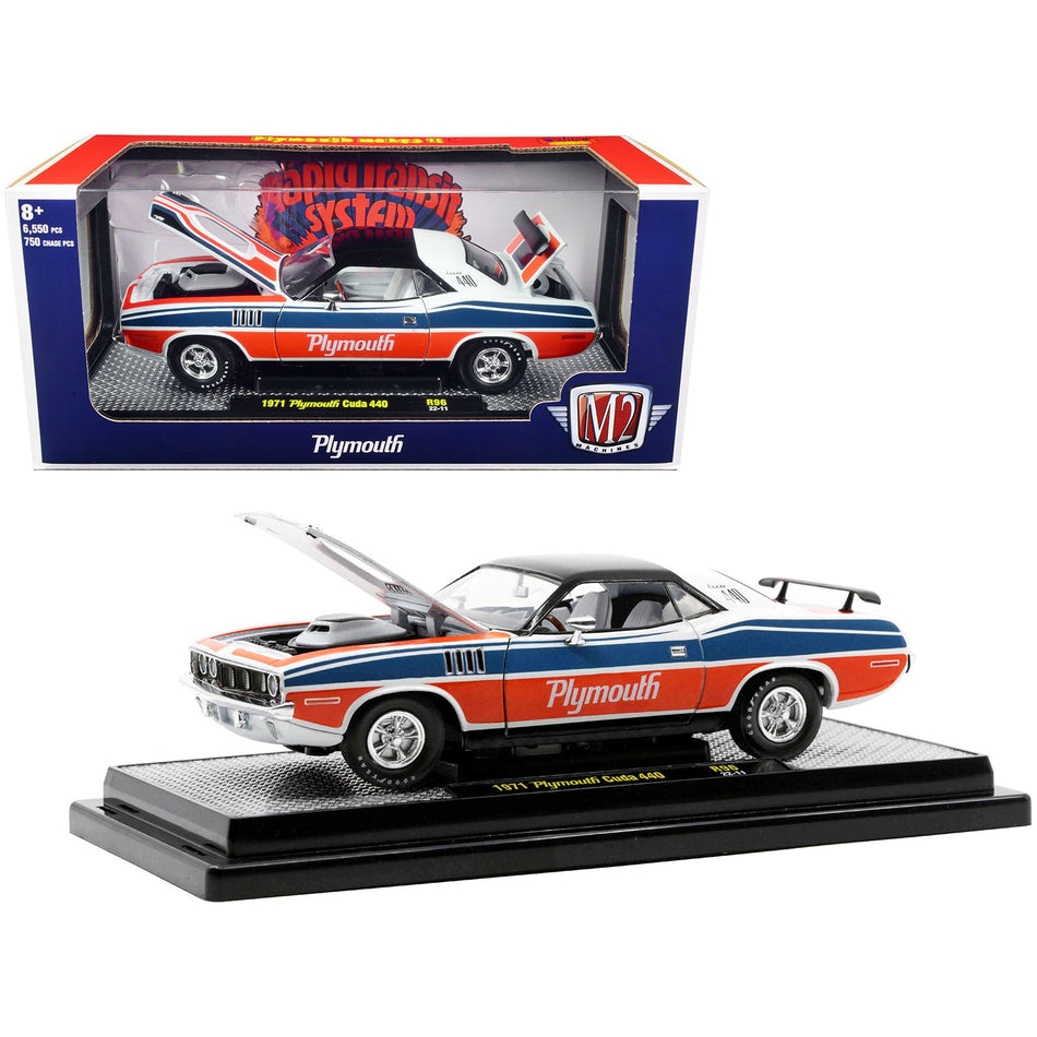 1971 Plymouth Barracuda 440 Pearl White with Blue and Red Stripes and Black Top Limited Edition to 6550 pieces Worldwide 1/24 Diecast Model Car by M2 Machines