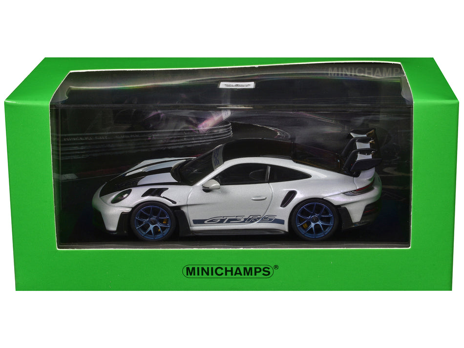 2023 Porsche 911 (992) GT3 RS "Weissach Package" Gray Metallic with Blue Accents and Carbon Stripes and Top "Nurnburgring" Limited Edition to 649 pieces Worldwide 1/43 Diecast Model Car by Minichamps