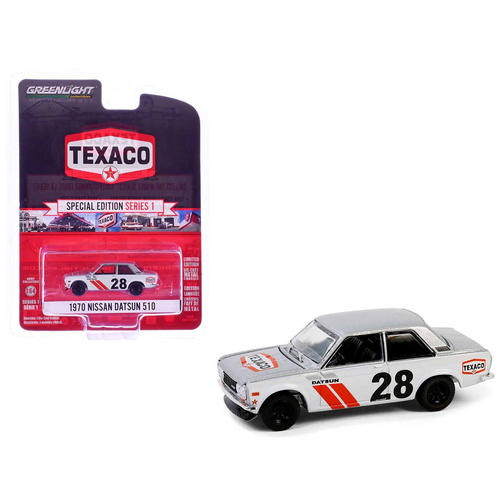 1970 Nissan Datsun 510 #28 "Texaco" Silver Metallic and White with Red Stripes "Texaco Special Edition" Series 1 1/64 Diecast Model Car by Greenlight