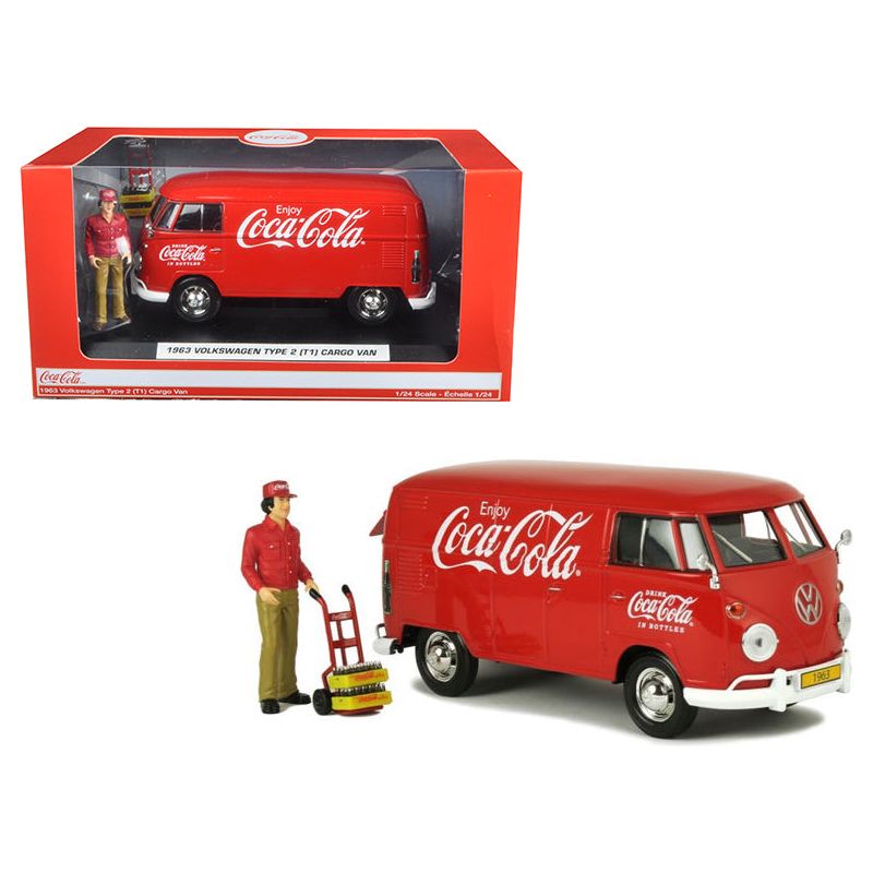 1963 Volkswagen Type 2 (T1) "Coca-Cola" Cargo Van with Delivery Driver Figurine with Handcart and Two Bottle Cases 1/24 Diecast Model Car by Motorcity Classics