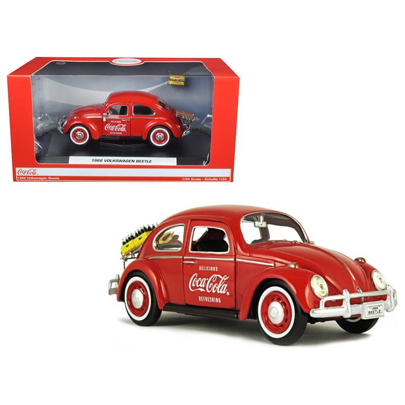 1966 Volkswagen Beetle with Rear Luggage Rack Red with Two Bottle Cases "Coca-Cola" 1/24 Diecast Model Car by Motorcity Classics