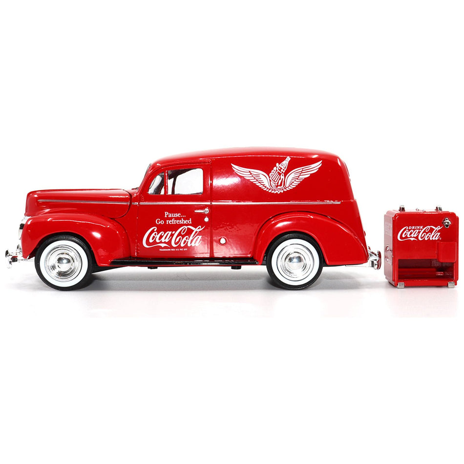 1940 Ford Sedan Cargo Van Red "Pause... Go Refreshed Coca-Cola" with Vending Machine Accessory 1/24 Diecast Model Car by Motor City Classics