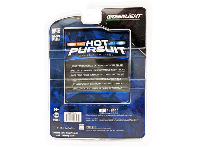 1988 Ford Mustang "New York State Police" Blue with Yellow Stripes and Blue Interior "Hot Pursuit" Series 8 1/64 Diecast Model Car by Greenlight