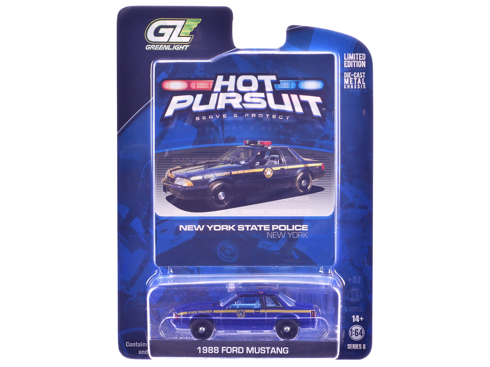 1988 Ford Mustang "New York State Police" Blue with Yellow Stripes and Blue Interior "Hot Pursuit" Series 8 1/64 Diecast Model Car by Greenlight