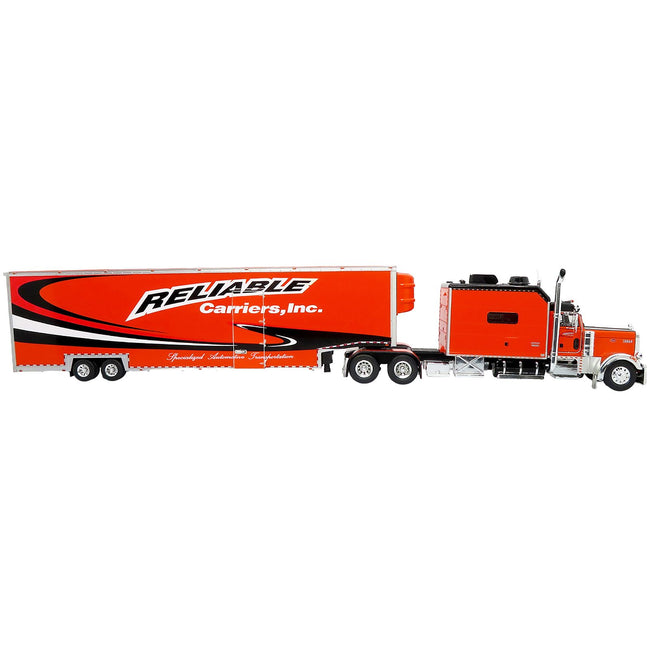 Peterbilt 379 Tractor with Enclosed Car Carrier Trailer "Reliable Carriers" Orange and Black "Heavy Haul Truck Collection" 1/43 Diecast Model by Iconic Replicas