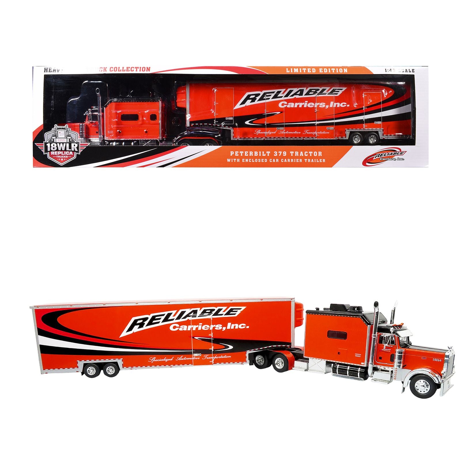 Peterbilt 379 Tractor with Enclosed Car Carrier Trailer "Reliable Carriers" Orange and Black "Heavy Haul Truck Collection" 1/43 Diecast Model by Iconic Replicas