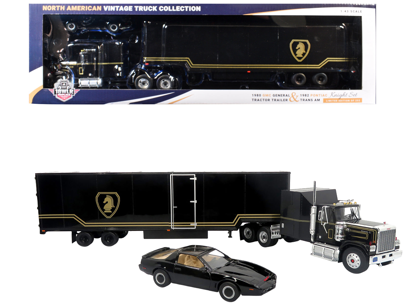 1980 GMC General Truck with Box Trailer Black with Gold Stripes and 1982 Pontiac Firebird Trans Am Black "Knight Set" "North American Vintage Truck Collection" Limited Edition to 252 pieces Worldwide 1/43 Diecast Model by Iconic Replicas