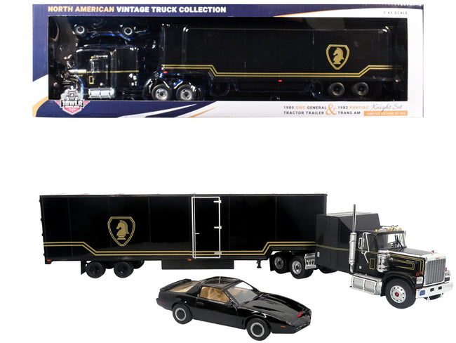 1980 GMC General Truck with Box Trailer Black with Gold Stripes and 1982 Pontiac Firebird Trans Am Black "Knight Set" "North American Vintage Truck Collection" Limited Edition to 252 pieces Worldwide 1/43 Diecast Model by Iconic Replicas