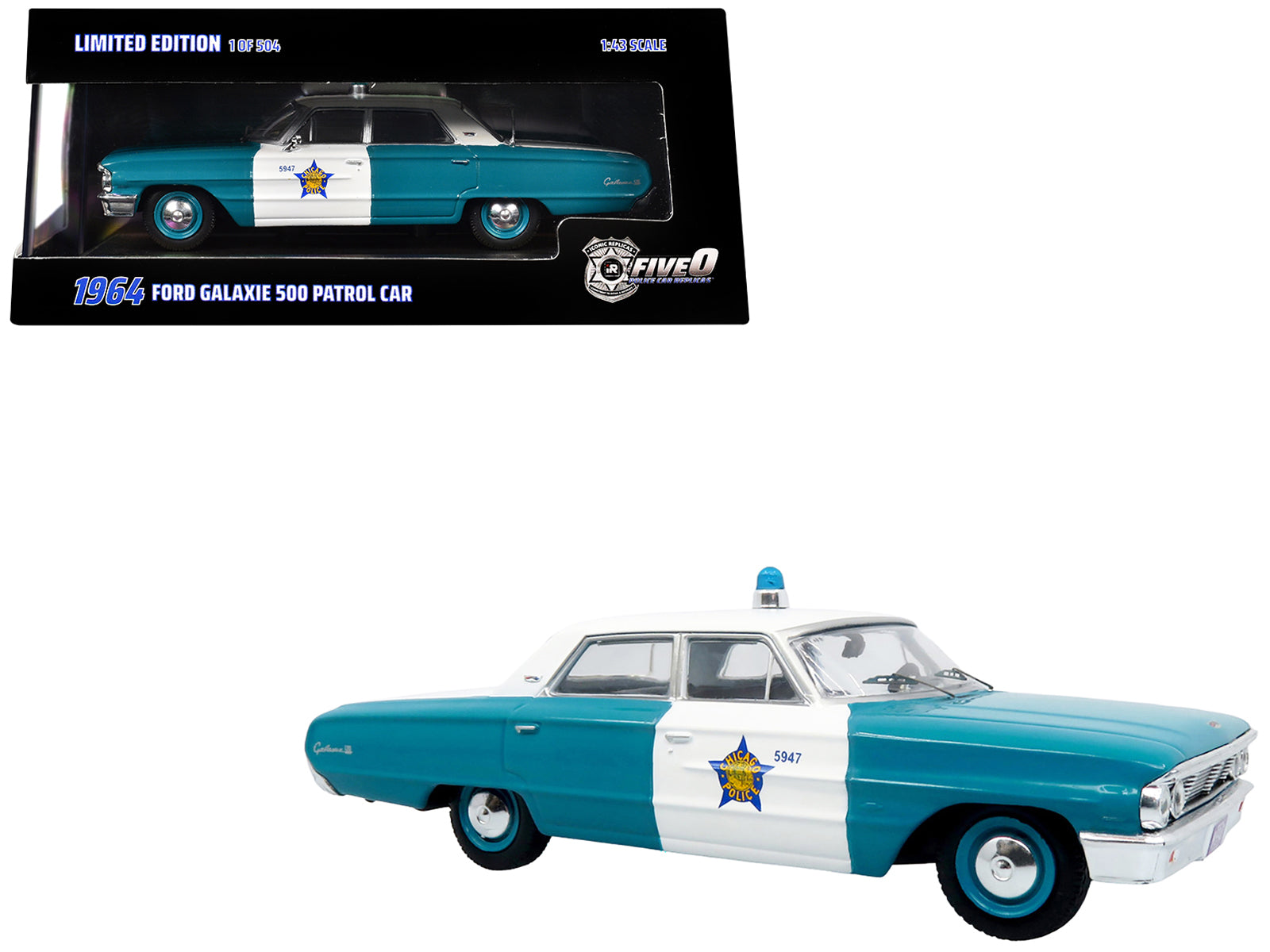 1964 Ford Galaxie 500 Police Car "Chicago Police Department" Blue and White "Five0" Series Limited Edition to 504 pieces Worldwide 1/43 Diecast Model by Iconic Replicas