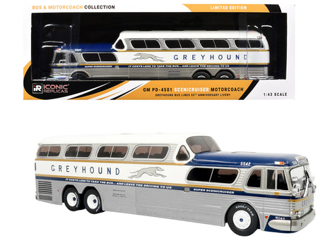 GM PD-4501 Scenicruiser Coach Bus "Greyhound Bus Lines - 50th Anniversary" Raw Metal with Blue and White Top and Gold Stripes "The Bus & Motorcoach Collection" 1/43 Plastic Model by Iconic Replicas