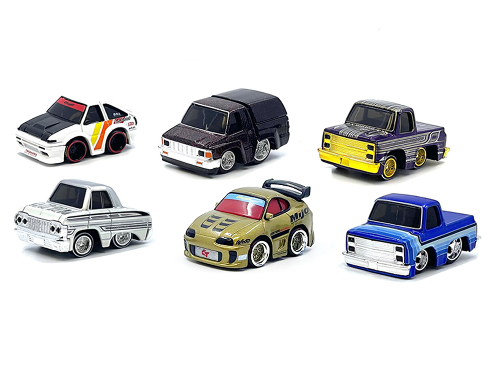 Six toy cars on a white surface.