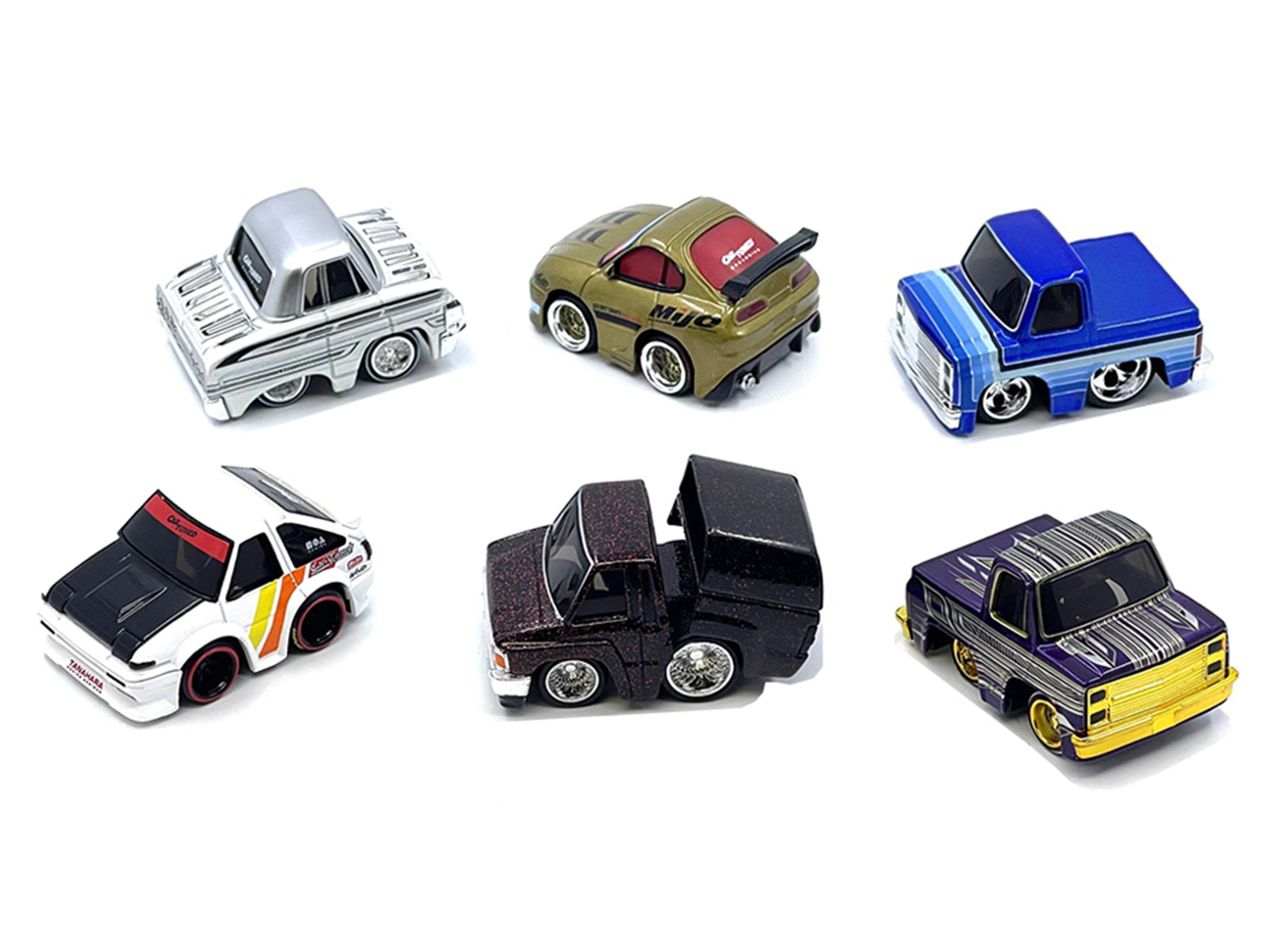 Six toy cars on a white surface.