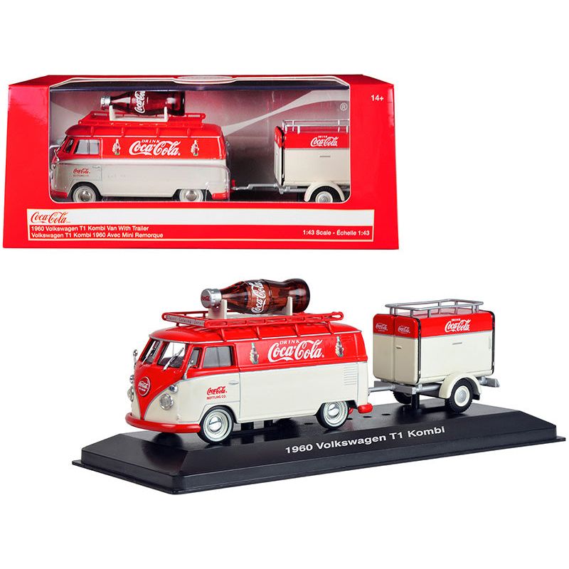 1960 Volkswagen T1 Kombi Van with Trailer Red and Cream "Coca Cola" 1/43 Diecast Model Car by Motorcity Classics