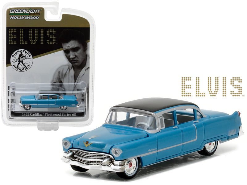 1955 Cadillac Fleetwood Series 60 Special Blue with Black Top Elvis Presley (1935-1977) 1/64 Diecast Model Car by Greenlight