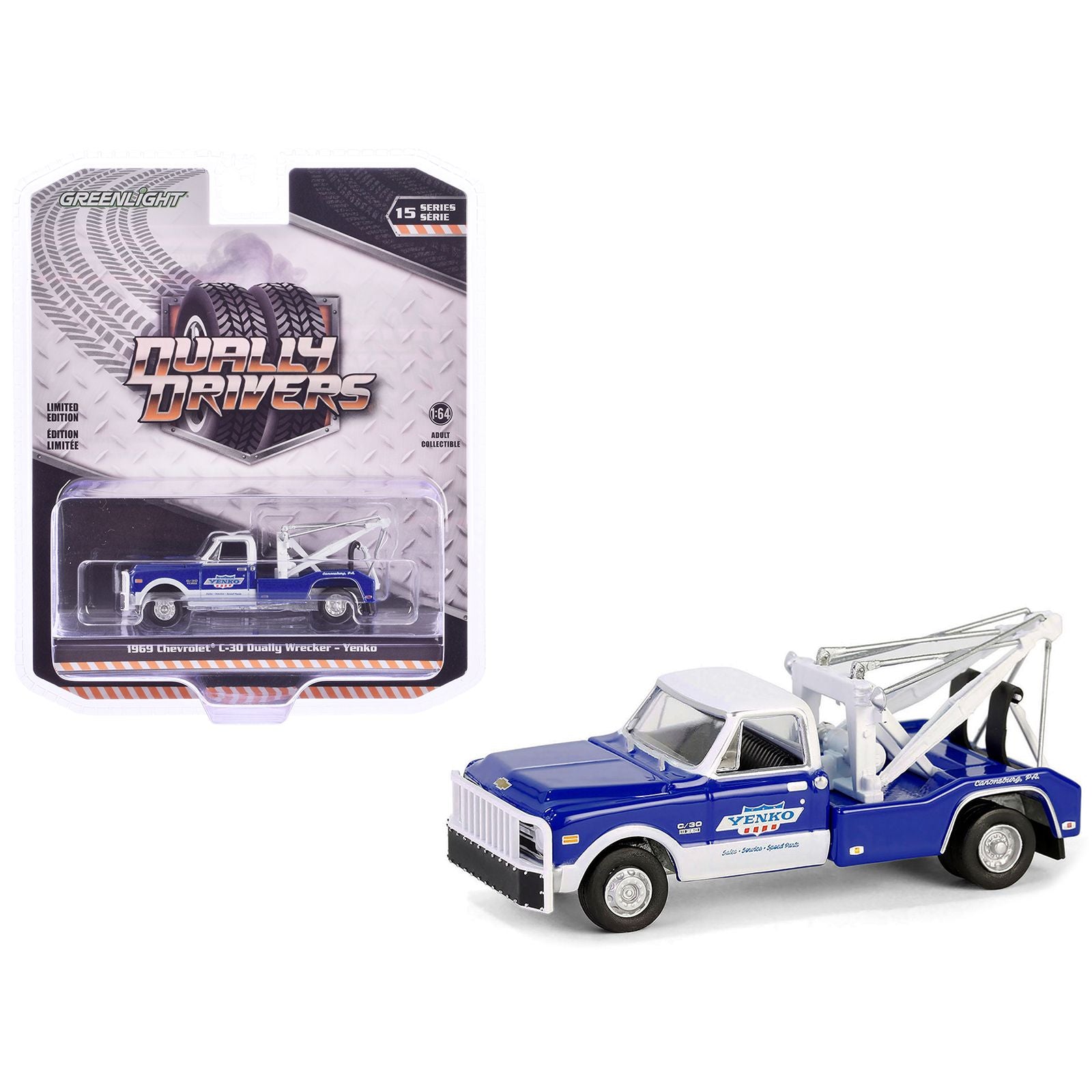 1969 Chevrolet C30 Dually Wrecker Tow Truck "Yenko" Blue with White Top "Dually Drivers" Series 15 1/64 Diecast Model Car by Greenlight