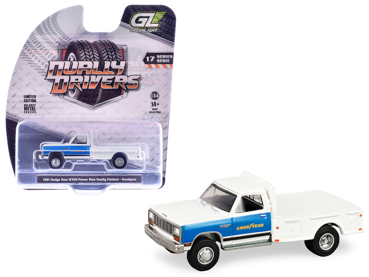 1981 Dodge Ram W350 Power Ram Dually Flatbed Truck "Goodyear" White with Blue Sides "Dually Drivers" Series 17 1/64 Diecast Model Car by Greenlight
