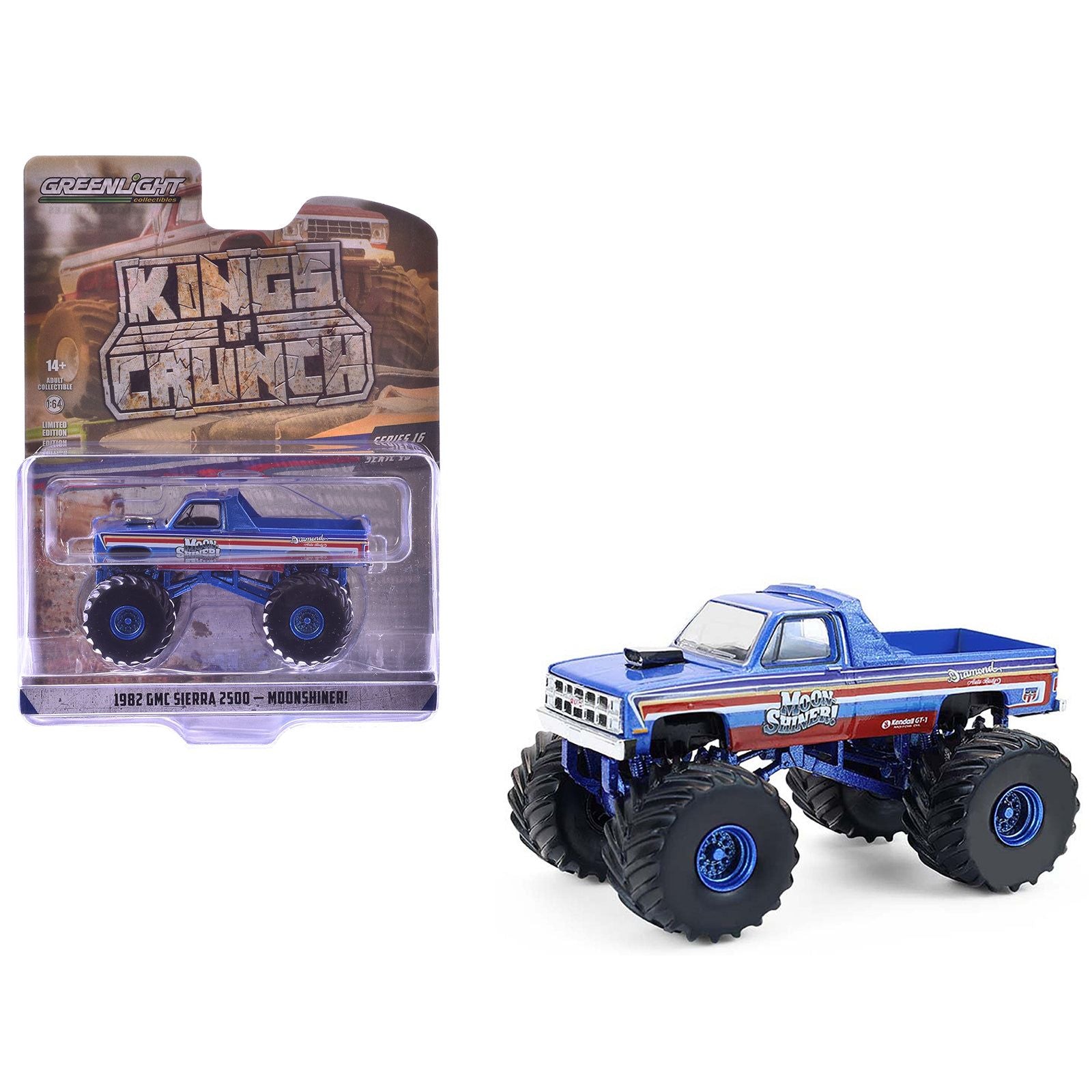 1982 GMC Sierra 2500 Monster Truck "Moonshiner!" Blue Metallic with Stripes "Kings of Crunch" Series 16 1/64 Diecast Model Car by Greenlight