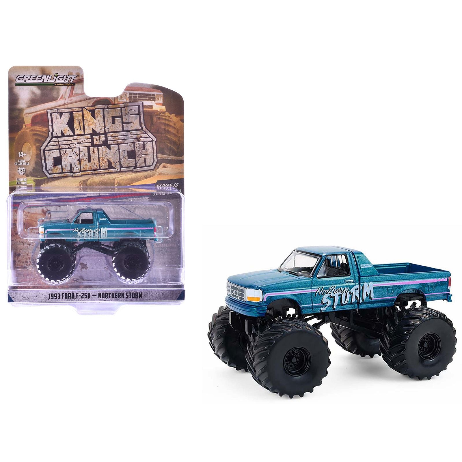 1993 Ford F-250 Monster Truck "Northern Storm" Teal Metallic "Kings of Crunch" Series 16 1/64 Diecast Model Car by Greenlight